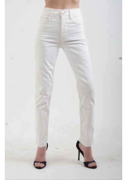 Ekru Yüksek Bel Likralı Slim Fit Jean Pantolon