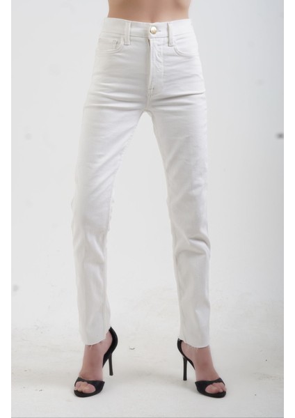 Ekru Yüksek Bel Likralı Slim Fit Jean Pantolon