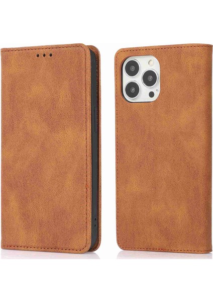 iPhone15 Pro Pu Deri Şok Geçirmez Telefon Kasası Manyetik Flip Stant Cüzdan Kapak Kahverengi (Yurt Dışından)