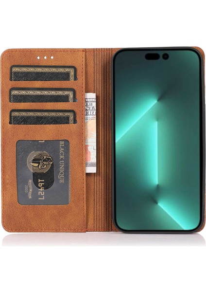 iPhone15 Pro Pu Deri Şok Geçirmez Telefon Kasası Manyetik Flip Stant Cüzdan Kapak Kahverengi (Yurt Dışından) modelleri