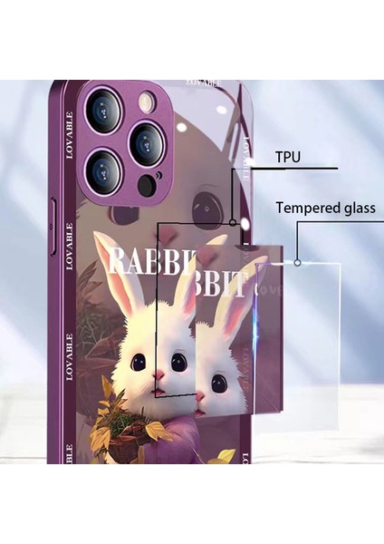 iPhone15 Pro Cep Telefonu Kılıfı Için Sevimli Tavşan Deseni Temperli Cam+Tpu Kapak Lens Film-Morası (Yurt Dışından)
