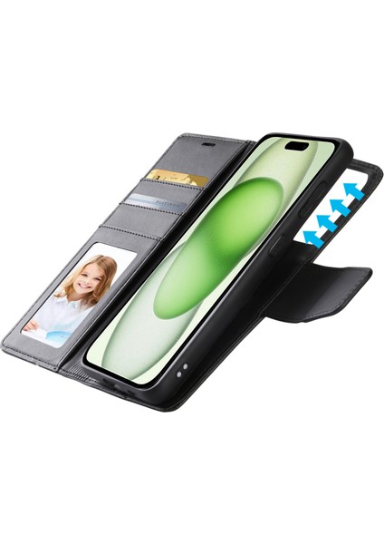 iPhone15 Plus Söndürülebilir Manyetik Iç Kasa Pu Deri Cüzdan Stand Cep Telefonu Kapağı Black Için (Yurt Dışından)