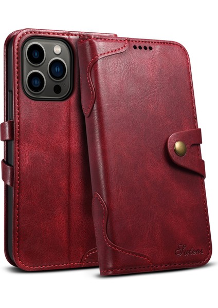 iPhone15 Pro Deri Kılıf Dalgalı Doku Kapağı Stand Cüzdan-Kırmızı (Yurt Dışından)