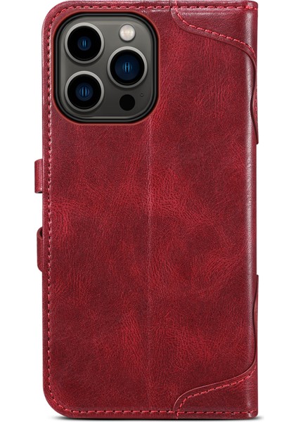 iPhone15 Pro Deri Kılıf Dalgalı Doku Kapağı Stand Cüzdan-Kırmızı (Yurt Dışından) fırsatları