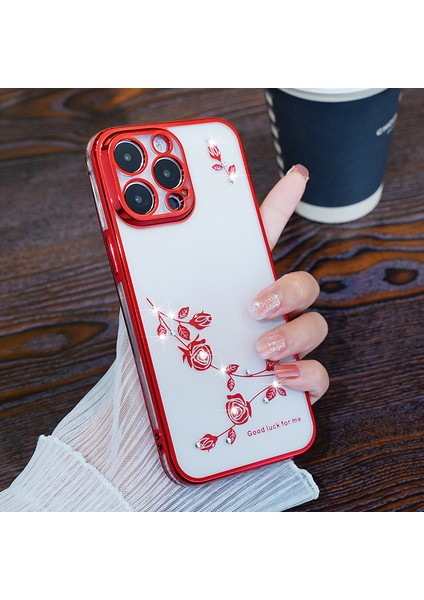 iPhone15 Pro Rhinestone Dekor Elektrapılaştırma Kılıfı Çiçek Deseni Damla Kanıtı Tpu Telefon Kapak-Kırmızı (Yurt Dışından)