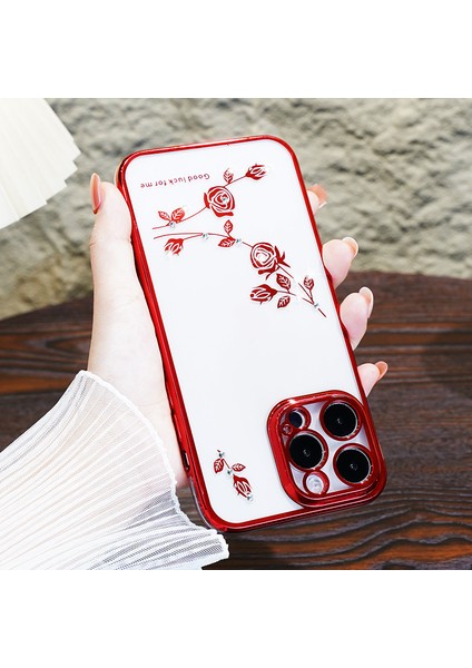 iPhone15 Pro Rhinestone Dekor Elektrapılaştırma Kılıfı Çiçek Deseni Damla Kanıtı Tpu Telefon Kapak-Kırmızı (Yurt Dışından) modelleri