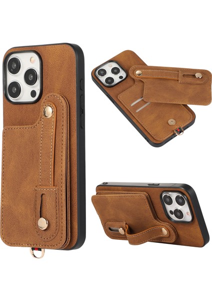 iPhone15 Pro Cover Tpu+Pu Deri Kart Tutucu Kickstand Telefon Vaka-Kahverengi (Yurt Dışından)