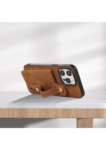 iPhone15 Pro Cover Tpu+Pu Deri Kart Tutucu Kickstand Telefon Vaka-Kahverengi (Yurt Dışından)