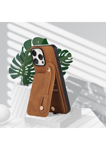 iPhone15 Pro Cover Tpu+Pu Deri Kart Tutucu Kickstand Telefon Vaka-Kahverengi (Yurt Dışından)