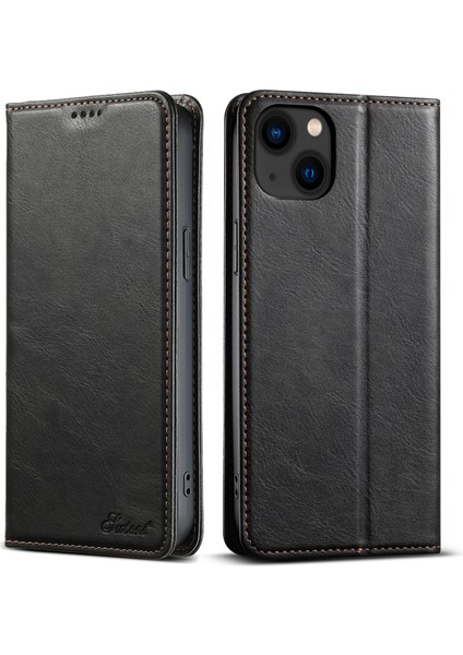 iPhone15 Plus Case Waxy Doku Deri Cep Telefonu Kart Yuvaları Black ile (Yurt Dışından)