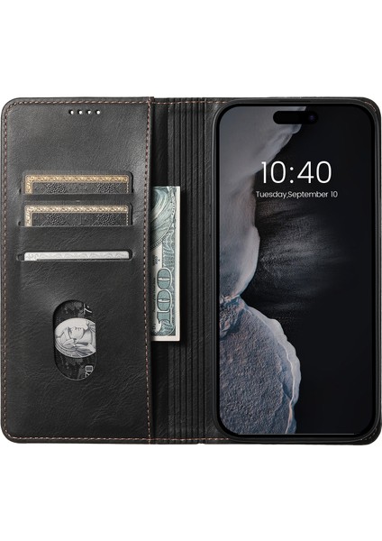 iPhone15 Plus Case Waxy Doku Deri Cep Telefonu Kart Yuvaları Black ile (Yurt Dışından)