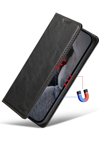 iPhone15 Plus Case Waxy Doku Deri Cep Telefonu Kart Yuvaları Black ile (Yurt Dışından)