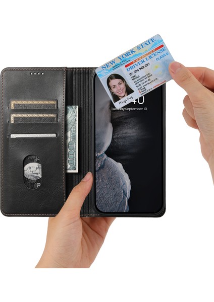 iPhone15 Plus Case Waxy Doku Deri Cep Telefonu Kart Yuvaları Black ile (Yurt Dışından)
