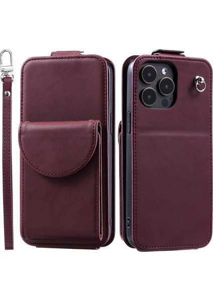 iPhone15 Pro Case Cüzdan Stand Pu Deri Telefon Kapağı Straps-Wine Red ile (Yurt Dışından)