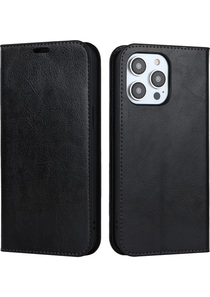 iPhone15 Pro Max Crazy Horse Doku Cüzdan Telefon Kapağı Orijinal Inek Deri Stand Kart-Siyah (Yurt Dışından)