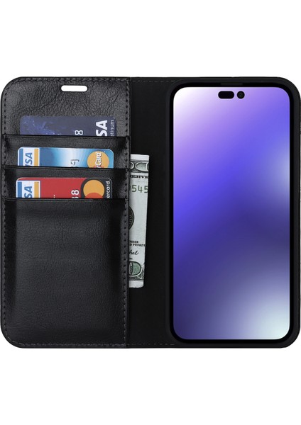 iPhone15 Pro Max Crazy Horse Doku Cüzdan Telefon Kapağı Orijinal Inek Deri Stand Kart-Siyah (Yurt Dışından)
