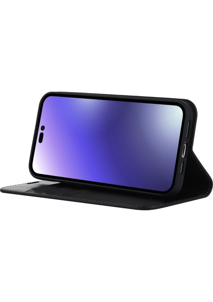iPhone15 Pro Max Crazy Horse Doku Cüzdan Telefon Kapağı Orijinal Inek Deri Stand Kart-Siyah (Yurt Dışından)