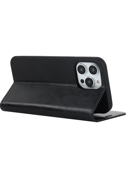 iPhone15 Pro Max Crazy Horse Doku Cüzdan Telefon Kapağı Orijinal Inek Deri Stand Kart-Siyah (Yurt Dışından)