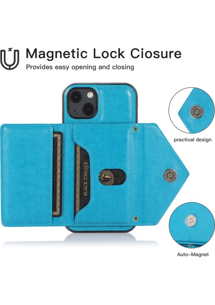 iPhone15 Plus Plus Pu Derisi+Tpu Kart Tutucu Uzun Kayış Mavisi ile Anti-Fall Kapak (Yurt Dışından)