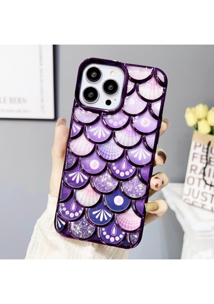 iPhone15 Pro Case Için Şık 3D Balık Ölçeği Damla Geçirmez Tpu Telefon Geri Kapak Morası (Yurt Dışından)
