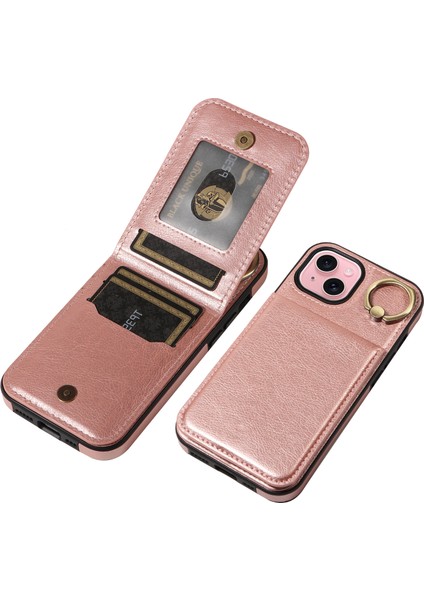 iPhone15 Kılıf Kartı Tutucu Bırak Damalı Pu Deri+Tpu Telefon Kapak Golü Altın (Yurt Dışından)
