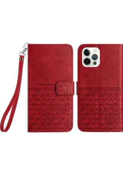 iPhone15 Pro Geometrik Basılı Düz ​​renkli Mikrofiber Deri Telefon Kapak Kırmızısı Için Stand Cüzdan Kılıfı (Yurt Dışından)