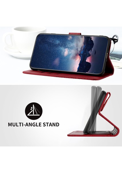 iPhone15 Pro Geometrik Basılı Düz ​​renkli Mikrofiber Deri Telefon Kapak Kırmızısı Için Stand Cüzdan Kılıfı (Yurt Dışından)