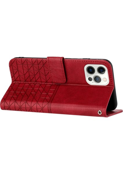 iPhone15 Pro Geometrik Basılı Düz ​​renkli Mikrofiber Deri Telefon Kapak Kırmızısı Için Stand Cüzdan Kılıfı (Yurt Dışından)