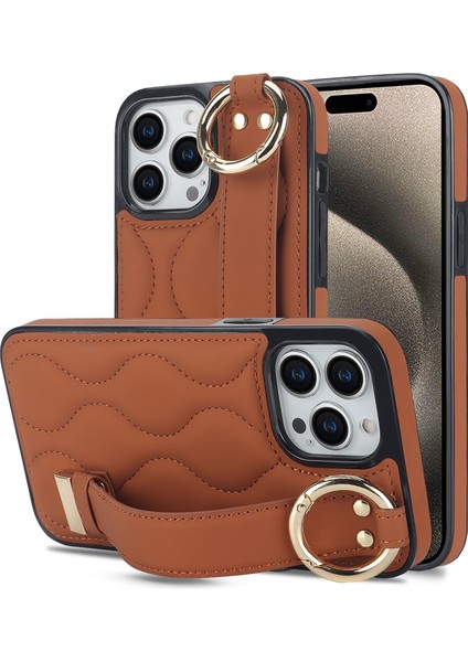 iPhone15 Pro Kickstand Case Wave Desen Anti-Çizelge Pu+Tpu Telefon Kapak-Kahverengi (Yurt Dışından)