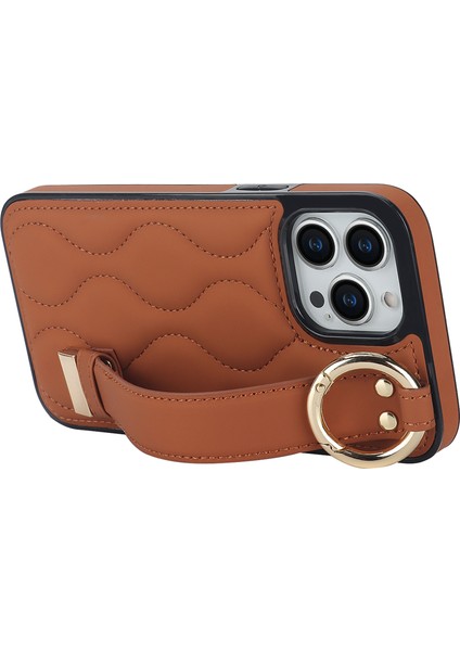 iPhone15 Pro Kickstand Case Wave Desen Anti-Çizelge Pu+Tpu Telefon Kapak-Kahverengi (Yurt Dışından)