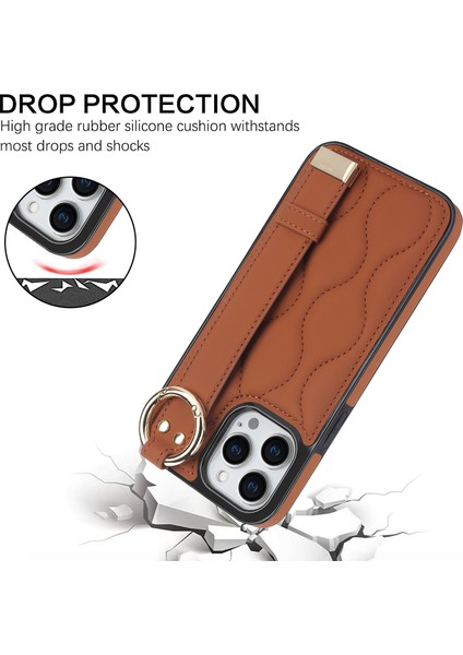 iPhone15 Pro Kickstand Case Wave Desen Anti-Çizelge Pu+Tpu Telefon Kapak-Kahverengi (Yurt Dışından)