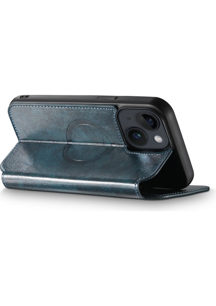 iPhone15 Plus Case Stand Cüzdan Deri Deri Toz Geçirmez Telefon Kapağı Magsafe-Mavi ile Uyumlu (Yurt Dışından)