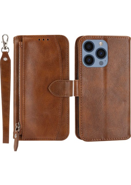iPhone15 Pro Max Case Zipper Cep Telefonu Kapak Deri Stand Kabuğu 2 Kayış-Kahverengi (Yurt Dışından)