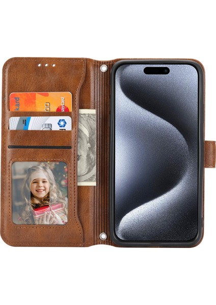 iPhone15 Pro Max Case Zipper Cep Telefonu Kapak Deri Stand Kabuğu 2 Kayış-Kahverengi (Yurt Dışından)