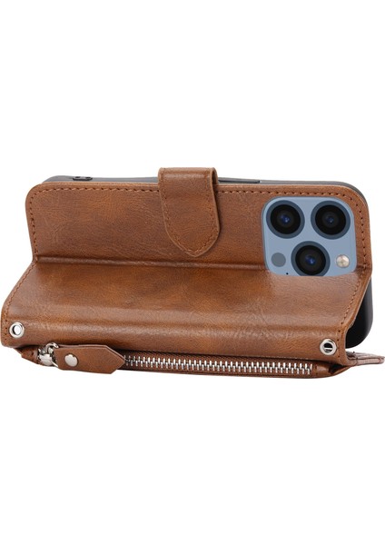 iPhone15 Pro Max Case Zipper Cep Telefonu Kapak Deri Stand Kabuğu 2 Kayış-Kahverengi (Yurt Dışından)