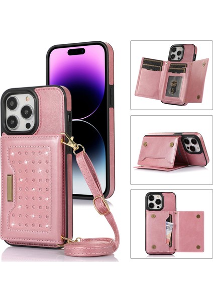 iPhone15 Pro Rfıd Engelleme Kickstand Cover Pu Deri+Tpu Rhinestone Dekor Cüzdan Telefon Kılıfı Omuz Kayışı Ros (Yurt Dışından)
