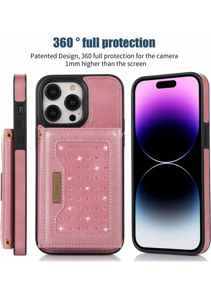 iPhone15 Pro Rfıd Engelleme Kickstand Cover Pu Deri+Tpu Rhinestone Dekor Cüzdan Telefon Kılıfı Omuz Kayışı Ros (Yurt Dışından) fiyatları