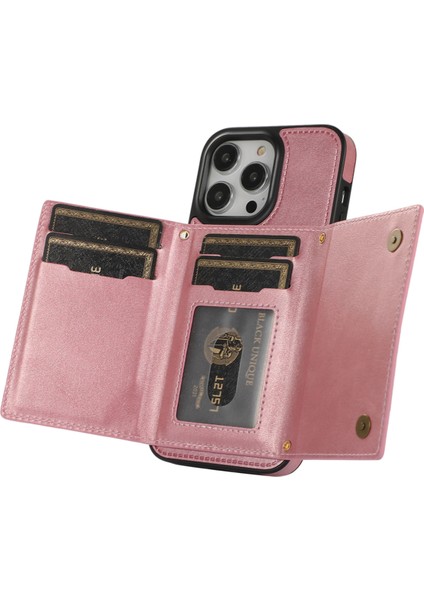 iPhone15 Pro Rfıd Engelleme Kickstand Cover Pu Deri+Tpu Rhinestone Dekor Cüzdan Telefon Kılıfı Omuz Kayışı Ros (Yurt Dışından) modelleri