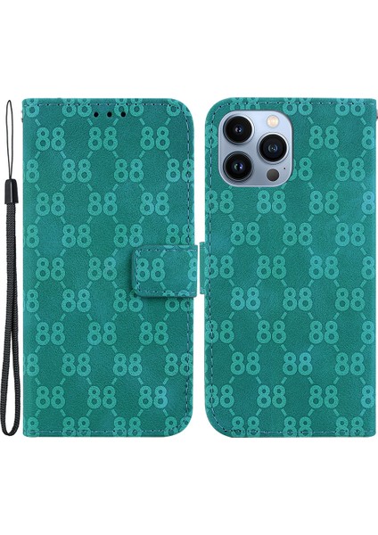 iPhone15 Pro Max Stand Cüzdanı Çift 8 Şekilli Baskalı Telefon Kılıfı El Strap-Green (Yurt Dışından)