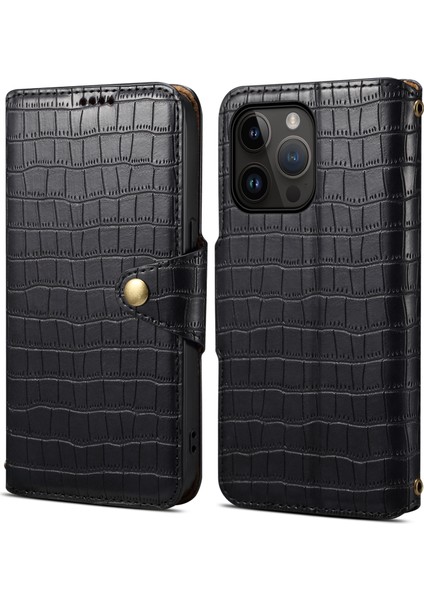 iPhone15 Pro Max Deri Kılıf Timsah Doku Telefon Cüzdan Kapak Black (Yurt Dışından)