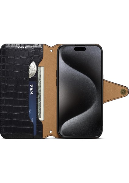 iPhone15 Pro Max Deri Kılıf Timsah Doku Telefon Cüzdan Kapak Black (Yurt Dışından) indirimleri