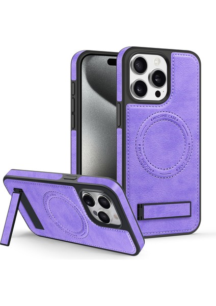 iPhone15 Pro Cep Telefonu Kılıfı Pu Deri Kaplamalı Tpu+Pc Kickstand Cover Magsafe-I-I-I-Ilıght Morl ile Uyumlu (Yurt Dışından)