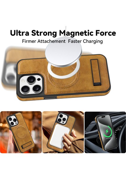 iPhone15 Pro Cep Telefonu Kılıfı Pu Deri Kaplamalı Tpu+Pc Kickstand Cover Magsafe-I-I-I-Ilıght Morl ile Uyumlu (Yurt Dışından)