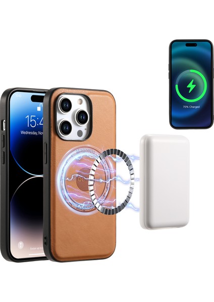 iPhone15 Pro Max Magnetic Telefon Kılıfı Pu Derek Kaplamalı Tpu+Pc Kapak-Khaki (Yurt Dışından)