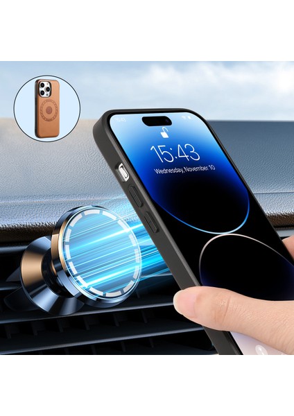 iPhone15 Pro Max Magnetic Telefon Kılıfı Pu Derek Kaplamalı Tpu+Pc Kapak-Khaki (Yurt Dışından)