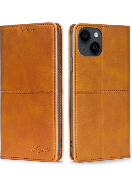 iPhone15 Plus Manyetik Kapanış Telefon Kapağı Cowhide Doku Kart Yuvaları Deri Durum Durum Işığı Kahverengi (Yurt Dışından)