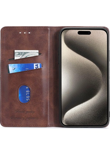 iPhone15 Plus Manyetik Kapanış Telefon Kapağı Cowhide Doku Kart Yuvaları Deri Durum Durum Işığı Kahverengi (Yurt Dışından) fırsatları