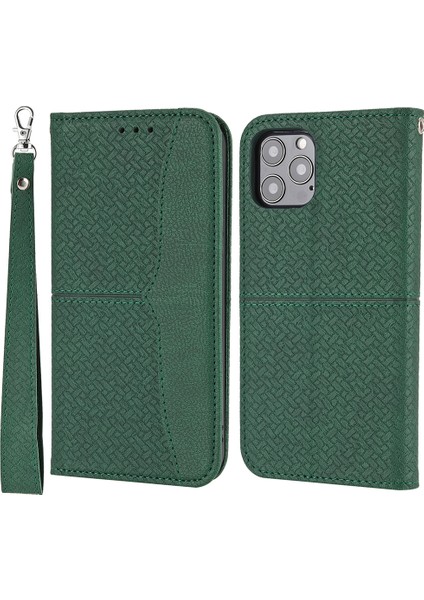 iPhone15 Pro Max Kılıf Dokuma Doku Birleştirme Deri Stand Telefon Kapağı Strap-Yeşil ile (Yurt Dışından)