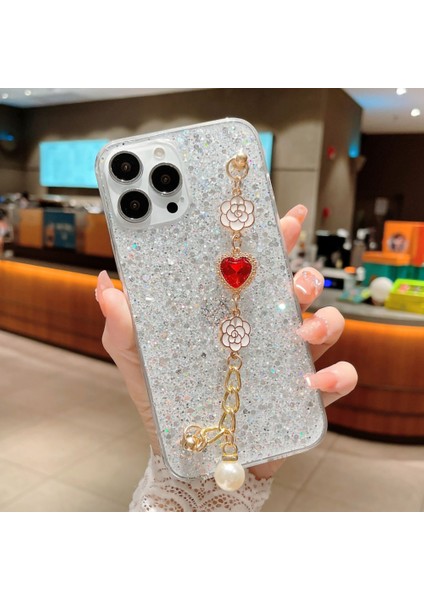 iPhone15 Pro Case Glitter Epoksi Telefon Kabuğu Için Şok Geçirmez Tpu Kılıfı Bilezik Strap-Silver ile (Yurt Dışından)