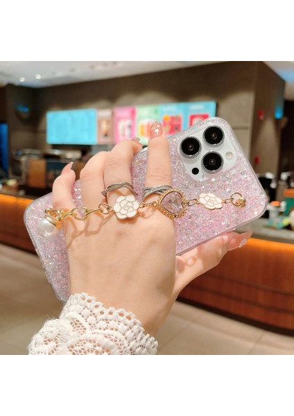 iPhone15 Pro Case Glitter Epoksi Telefon Kabuğu Için Şok Geçirmez Tpu Kılıfı Bilezik Strap-Silver ile (Yurt Dışından)